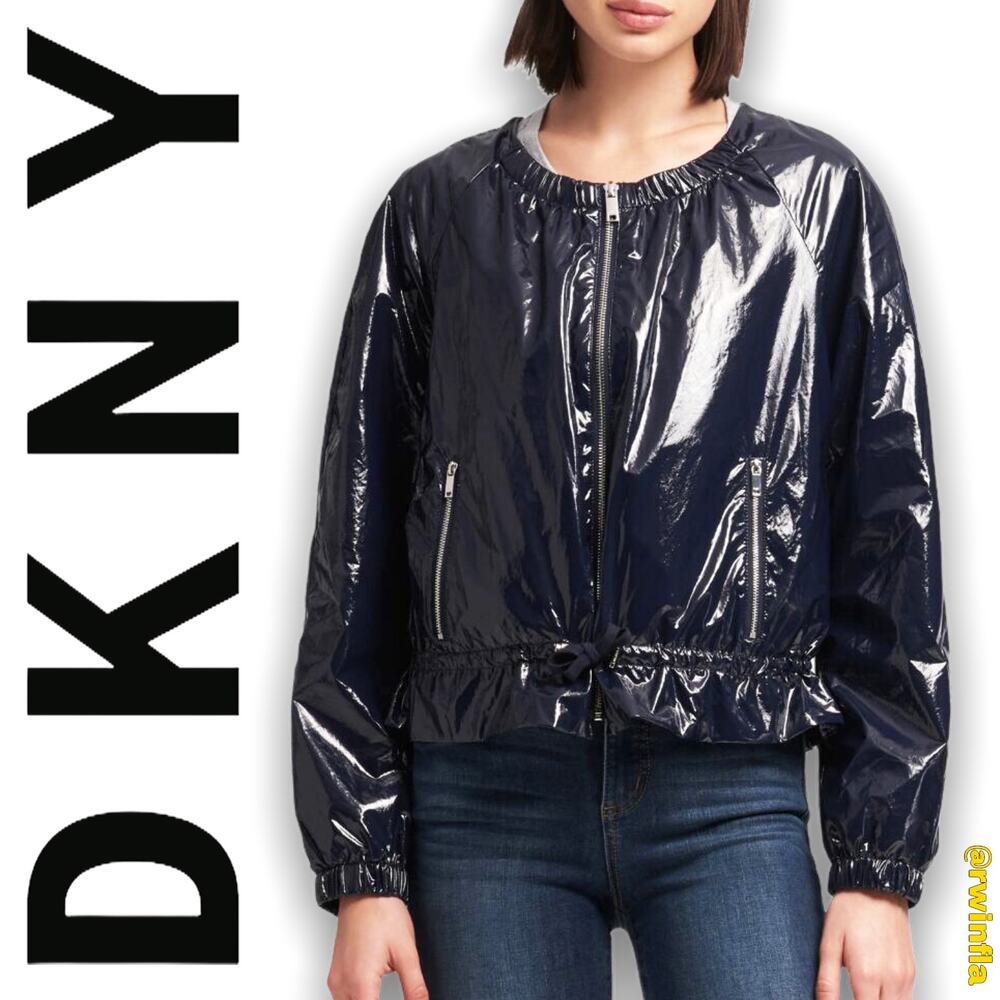 NWT DKNY Drawstring Bomber Jacket Glossy Crinkled Collarless Navy Blue Medium